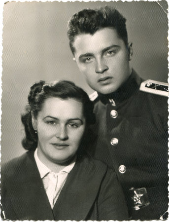 USSR - CIRCA 1959  Reproduction of photo was made in the USSR shows cabinet portrait of cadet...