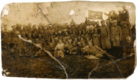 RUSSIA - CIRCA 1917 Reproduction of photographs was taking in Russia shows the Tsarist army soldiers who defected to the Bolsheviks, circa 1917, the Russian text - Forward for the Sovietsのeditorial素材