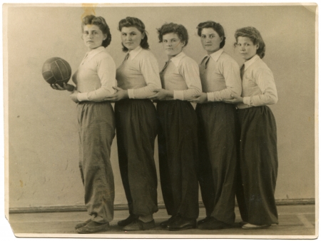 USSR - CIRCA 1949  Cabinet picture of five girls sophomores students in sportswear with a ball, Shakhty, Rostov region, Russia, 1949のeditorial素材