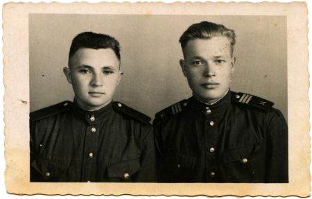 USSR - circa 1952  Cabinet photograph sergeant and the soldier of the Soviet Army, Turka, Lviv region, Ukraine, circa 1952のeditorial素材