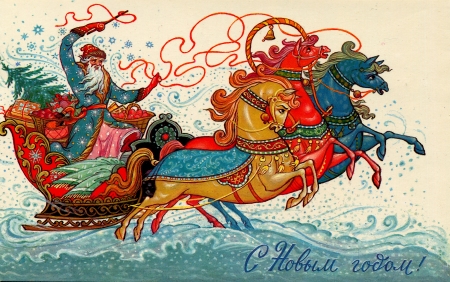USSR  - CIRCA 1986: Postcard shows draw by artist Andrianov - Santa Claus on a sleigh pulled by three horses, circa 1986. Russia text: Happy New Year!のeditorial素材