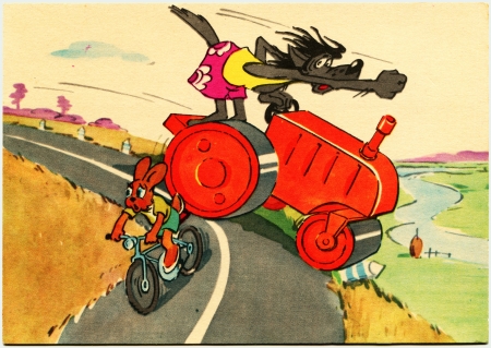 USSR  - CIRCA 1975  Postcard printed in Ukraine  ex-USSR  shows draw draw by artist Sergey Rusakov scene form Nu, pogodi  - Soviet animated series produced by Soyuzmultfilm, circa 1975のeditorial素材