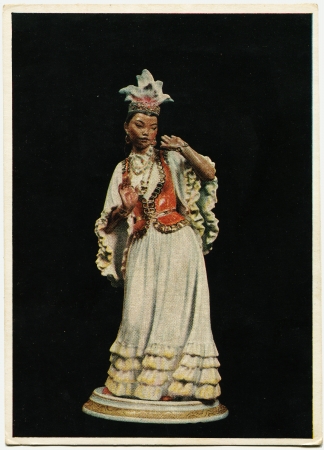 USSR  - CIRCA 1955  Postcard shows porcelain stautte Sculptor Brzhezitskaya - Dancing Kazakh woman, circa 1955のeditorial素材