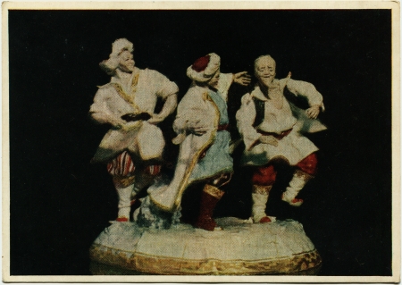 USSR  - CIRCA 1955  Postcard shows porcelain stautte Sculptor Nechayeva - Bashkir dance Ostugan - dance of the three brothers, circa 1955のeditorial素材