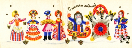 USSR  - CIRCA 1977  Postcard printed in the USSR shows draw by Artist Makridina - Statues of men and women at the festival, circa 1977  Russian text  Happy New Year のeditorial素材