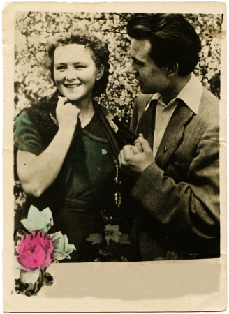 USSR  - CIRCA 1950s  Postcard printed in the USSR shows couple in love, circa 1950sのeditorial素材