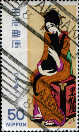 JAPAN -CIRCA 1980  A stamp printed in Japan shows paint by Yumeji Takehisa  Woman of the Kurofune-ya , Modern Japanese Art series, circa 1980のeditorial素材