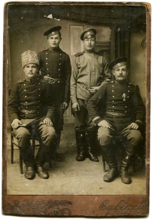 RUSSIA - CIRCA period of the First World War  An antique photo shows four soldiers, the Russian Empireのeditorial素材