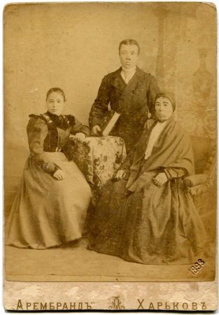 RUSSIA - CIRCA 1898  An antique photo shows married couple and mother-in Kharkov, Russian Empire,...