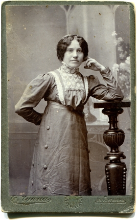 RUSSIA - CIRCA  the end of 19 - early 20 century  An antique photo shows woman, Lugansk, Russian Empire, now UkraineRussian text  Umanskiy  photographer , Luganskのeditorial素材