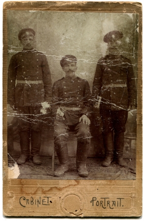 RUSSIA - CIRCA  1914  An antique photo shows Three soldiers, Russian Empire, during the First World Warのeditorial素材