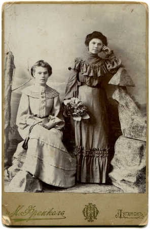 RUSSIA - CIRCA  1904  An antique photo shows Two women, Lugansk, Russian Empire, now Ukraine, 1904 Russian text  Frenkel  photographer , Luganskのeditorial素材