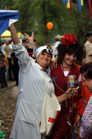 STANITSA LUGANSKAYA, UKRAINE - SEPTEMBER, 8, 2012  mummers - traditional participants folk festivities, International Cossack festival, Stanitsa Luganskaya, Ukraine, September 8, 2012のeditorial素材