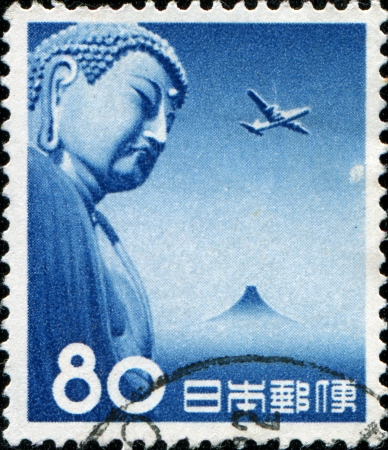  JAPAN - CIRCA 1953  A stamp printed in Japan shows Great Buddha, Fuji, plane, circa 1953 のeditorial素材