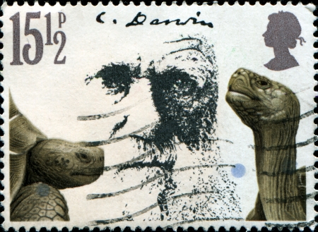  UNITED KINGDOM - CIRCA 1981  A stamp printed in Great Britain shows Charles Darwin and Giant Tortoises, circa 1981 のeditorial素材
