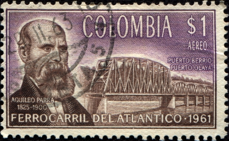 COLOMBIA - CIRCA 1961  A stamp printed in Colombia shows Aquileo Parra   Magdalena River Bridge, circa 1961のeditorial素材