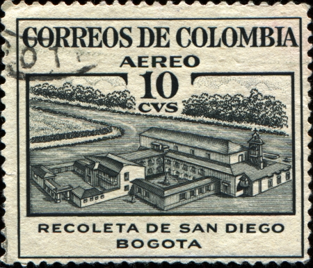  COLOMBIA - CIRCA 1945  A stamp printed in Colombia shows Recoleta de San Diego, Bogota, circa 1945 のeditorial素材