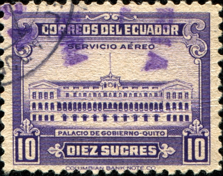ECUADOR - CIRCA 1944  A stamp printed in Ecuador shows Government Palace, Quito, circa 1944 のeditorial素材