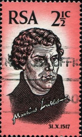 SOUTH AFRICA - CIRCA 1967  A stamp printed in South Africa celebrates the 450° anniversary of the Protestant Reformation, shows Martin Luther, circa 1967 のeditorial素材