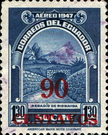 ECUADOR - CIRCA 1947  A stamp printed in Ecuador shows Riobamba Irrigation Canal, circa 1947のeditorial素材