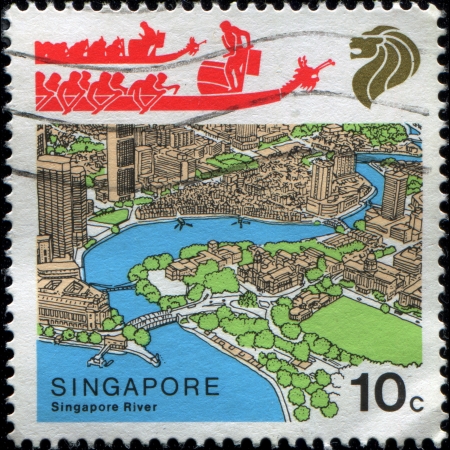  SINGAPORE - CIRCA 1987: Postage stamp printed in Singapore shows Singapore River and Dragon Boats, circa 1987 のeditorial素材