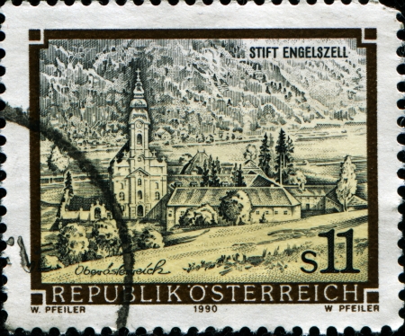  AUSTRIA - CIRCA 1990: A stamp printed in the Austria shows Engelszell Abbey, Upper Austria, circa 1990 のeditorial素材