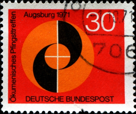 GERMANY - CIRCA 1971  A stamp printed in the Federal Republic of Germany shows Congress Emblem, Ecumenical Meeting at Pentecost of the German Evangelical and Catholic Churches, Augsburg, circa 1971 のeditorial素材