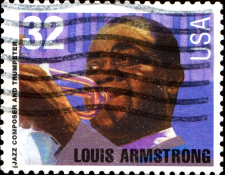 USA - CIRCA 19Louis Armstrong  A stamp printed in the United States of America shows Louis Armstrong, circa 1995のeditorial素材