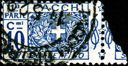  ITALY - CIRCA 1930  Postage stamps for packets and parcels  Was released in Italy on Dec  22, 1930 and used until 31 December 1948  This photo shows half affixed to the parcel, circa 1930 のeditorial素材