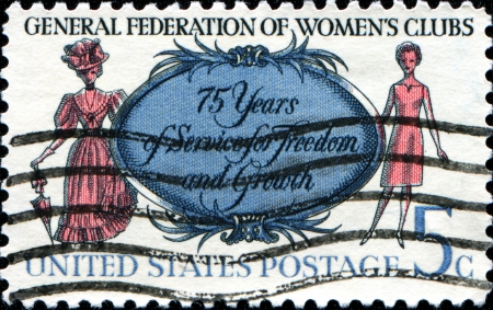 USA - CIRCA 1966  A stamp printed in United States of America shows Women of 1890 and 1966, General Federation of Womens Clubs, circa 1966 のeditorial素材