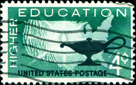 USA - CIRCA 1982  A stamp printed in United States of America shows Map of US and Lamp, with inscription and name of series  Higher Education , circa 1962 のeditorial素材
