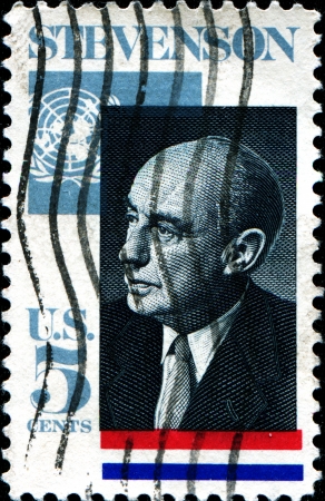 USA - CIRCA 1965  A stamp printed in United States of America shows Adlai E  Stevenson II  1900-1965 , Governor of Illinois, US Ambassador to the UN, 1961-65, circa 1965 のeditorial素材