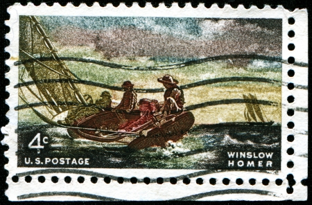 USA - CIRCA 1962  A stamp printed in United States of America shows paint  Breezing Up , by Winslow Homer  1836-1910 , circa 1962 のeditorial素材