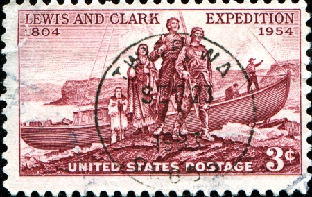 USA - CIRCA 1954  A stamp printed in United States of America devoted to Lewis and Clark Expedition Sesquicentennial, circa 1954 のeditorial素材