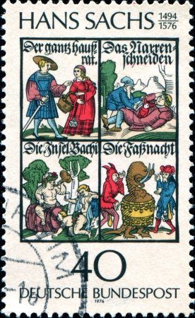 GERMANY - CIRCA 1976  A stamp printed in German Federal Republic shows images of the Hans Sachs - a German meistersinger   mastersinger   , poet, playwright and shoemaker,  circa 1976のeditorial素材