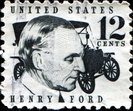 USA - CIRCA 1968  A stamp printed in United States of America shows Henry Ford  1863-1947  and car Ford Model T from 1909, circa 1968 のeditorial素材