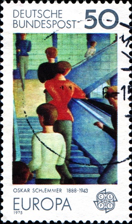 GERMANY - CIRCA 1975  A stamp printed in German Federal Republic shows Bauhaus Staircase, painting by Oskar Schlemmer, circa 1975のeditorial素材