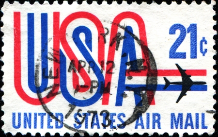USA - CIRCA 1968  A stamp printed in United States of America shows shows  USA  and jet airliner silhouette, with inscription and name of series  Air Mail  circa 1968 のeditorial素材