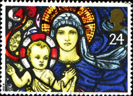 UNITED KINGDOM - CIRCA 1992  A stamp printed in Great Britain shows stained glass window of the Madonna and Child, St  Maryのeditorial素材