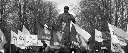 UKRAINE, LUGANSK - JANUARY 12, 2014: Opposition rally in the center of Lugansk near the monument of...