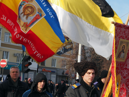UKRAINE, LUGANSK - JANUARY 12, 2014  Religious procession dedicated to the 380th anniversary of Pereyaslavska Radaon the street of city のeditorial素材