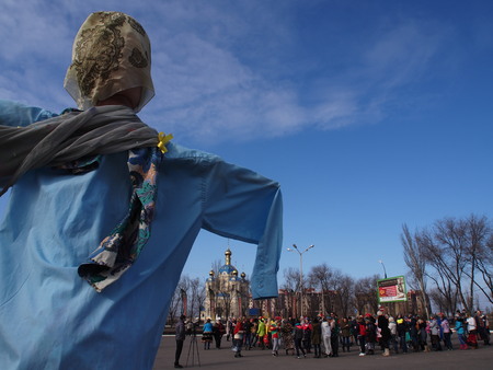 UKRAINE, LUGANSK - March 1, 2014: Maslenitsa or Pancake Week is the only purely Slavic Holiday that...