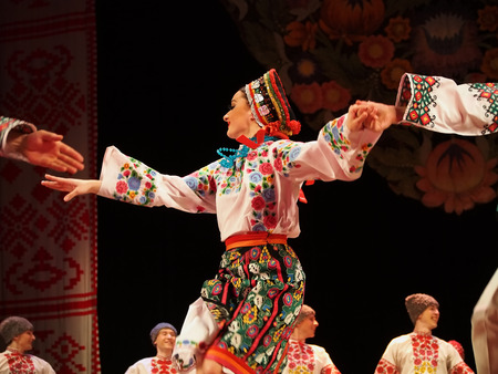 UKRAINE, LUGANSK - MARCH 18, 2014: The Ukrainian National Folk Dance Ensemble named After P. Virsky, who is considered the best folkloric ballet dancer in the country, performed a live show on stage in Luganskのeditorial素材