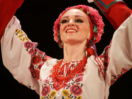 UKRAINE, LUGANSK - MARCH 18, 2014: The Ukrainian National Folk Dance Ensemble named After P. Virsky,...
