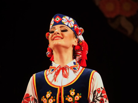 UKRAINE, LUGANSK - MARCH 18, 2014  Ukrainian National Folk Dance Ensemble named After P  Virsky, who is considered best folkloric ballet dancer in country, performed a live show on stage in Luganskのeditorial素材
