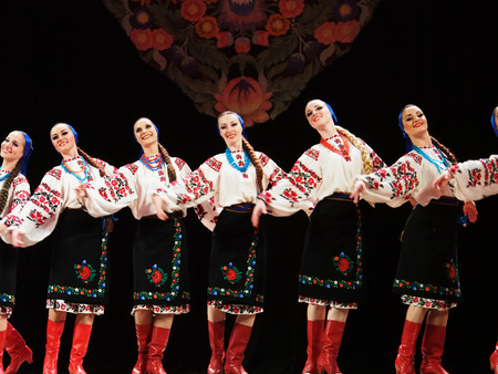 UKRAINE, LUGANSK - MARCH 18, 2014  Ukrainian National Folk Dance Ensemble named After P  Virsky, who is considered best folkloric ballet dancer in coUKRAINE, LUGANSK - MARCH 18, 2014  Ukrainian National Folk Dance Ensemble named After P  Virsky, who is coのeditorial素材