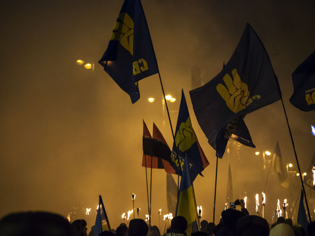 Kiev, January 1, 2015. The torchlight procession in honor of the birthday of Stepan Bandera was held in the city center. It was attended by about four thousand people - more than two times less than a year ago. In the march was attended by two parties - "のeditorial素材