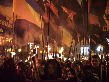 Kiev, January 1, 2015. The torchlight procession in honor of the birthday of Stepan Bandera was held in the city center. It was attended by about four thousand people - more than two times less than a year ago. In the march was attended by two parties - "のeditorial素材