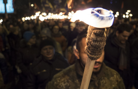 Kiev, January 1, 2015. The torchlight procession in honor of the birthday of Stepan Bandera was held in the city center. It was attended by about four thousand people - more than two times less than a year ago. In the march was attended by two parties - "のeditorial素材