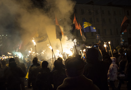 Kiev, January 1, 2015. The torchlight procession in honor of the birthday of Stepan Bandera was held in the city center. It was attended by about four thousand people - more than two times less than a year ago. In the march was attended by two parties - "のeditorial素材